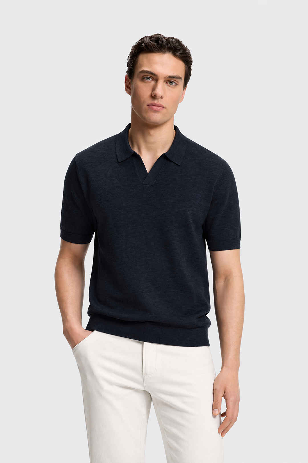 Men's Polo Shirt with Open Collar Design in Linen Blend