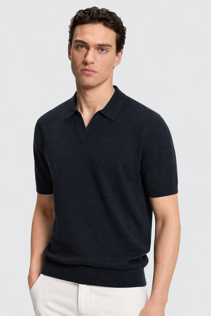 Men's Polo Shirt with Open Collar Design in Linen Blend