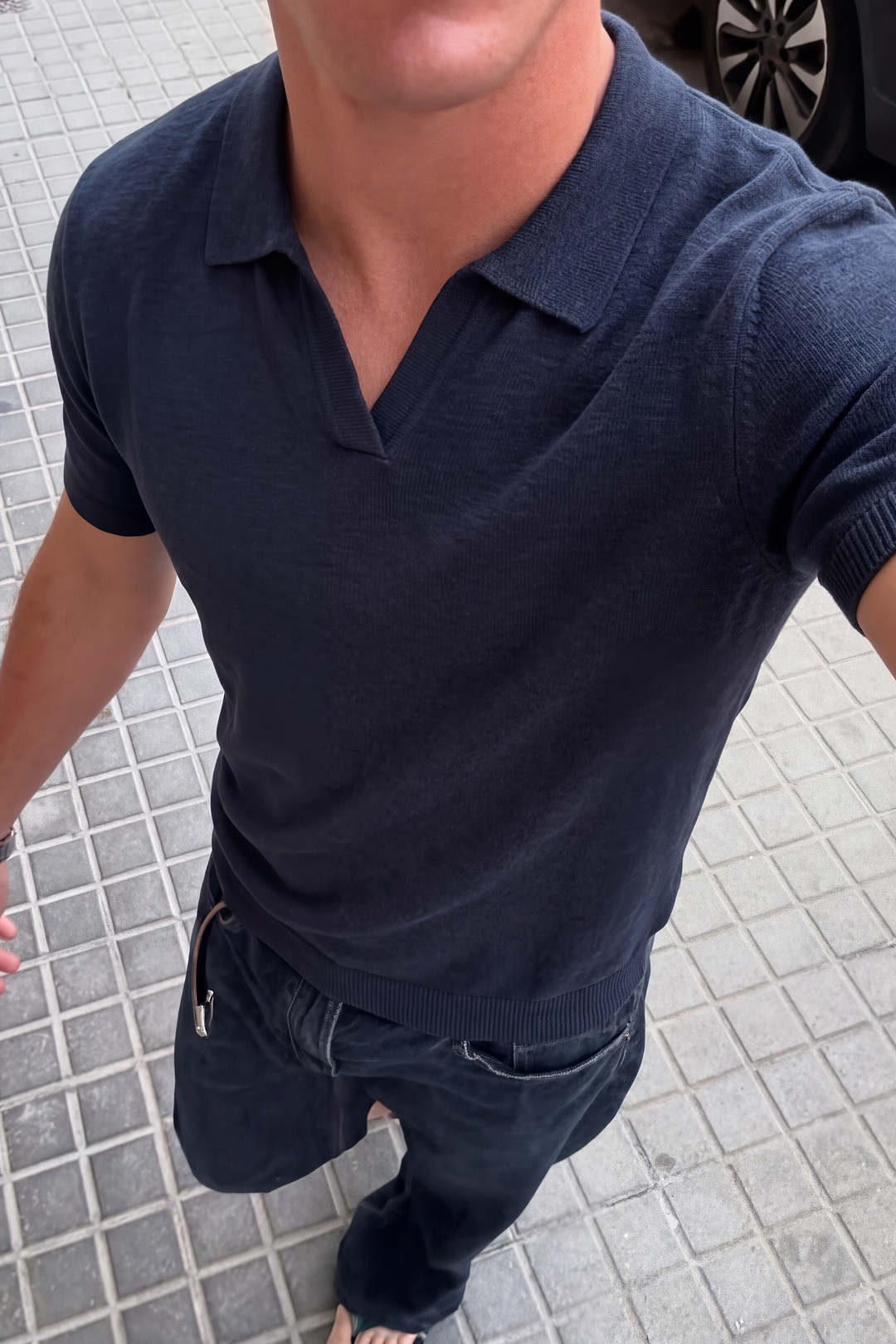 Men's Polo Shirt with Open Collar Design in Linen Blend