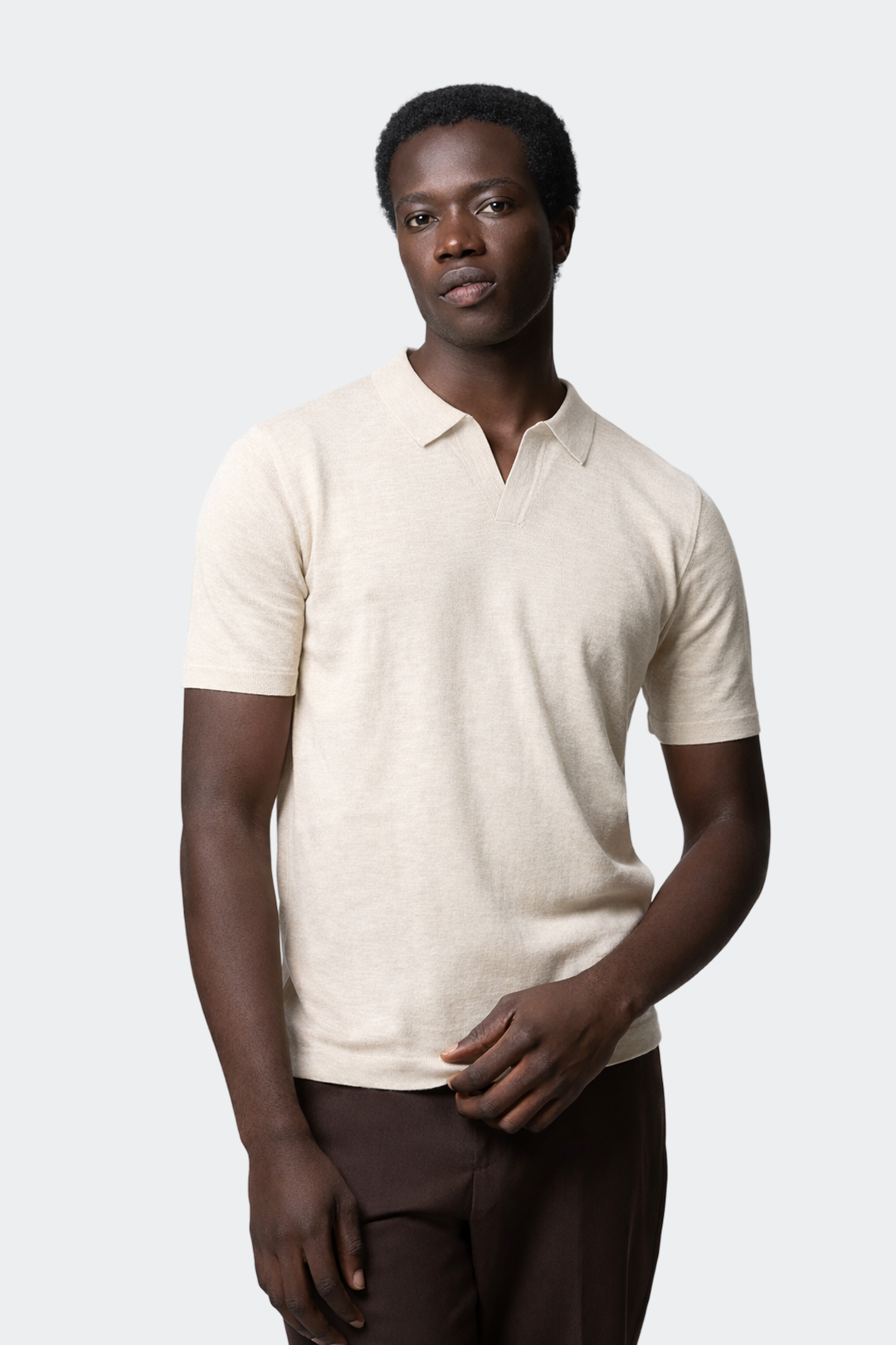 Men's Polo Shirt with Open Collar Design in Linen Blend