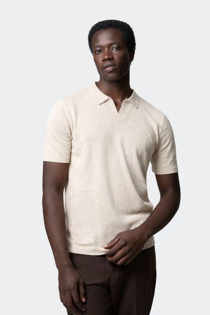 Men's Polo Shirt with Open Collar Design in Linen Blend