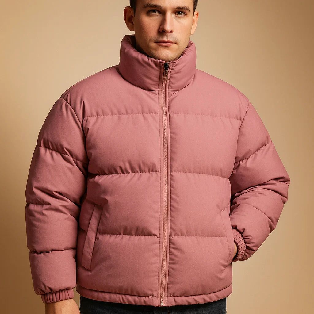 Men's Puffer Jacket with High Collar for Winter Wear