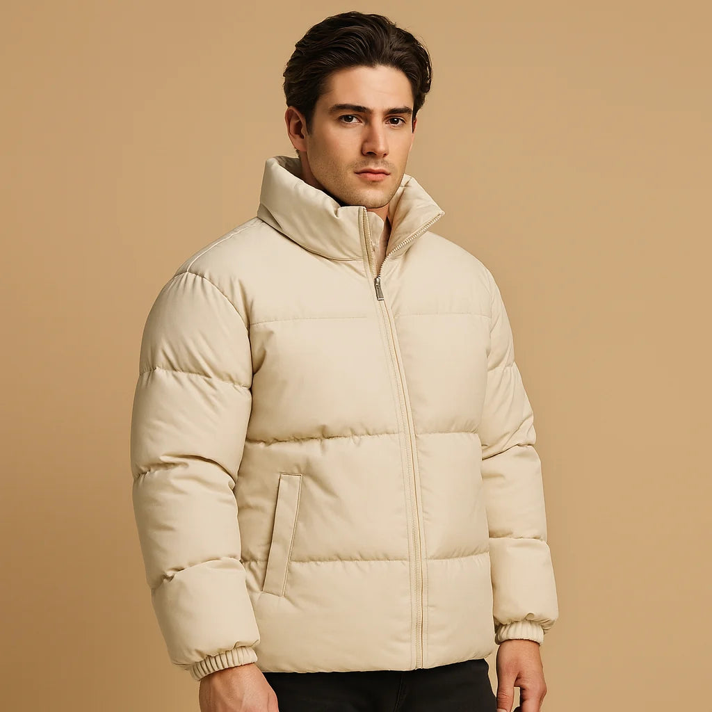 Men's Puffer Jacket with High Collar for Winter Wear