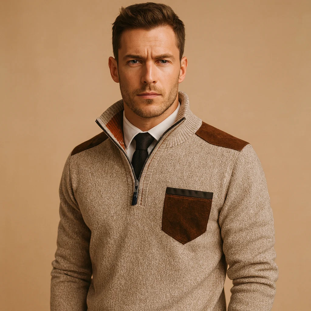 Men's Pullover Sweater with Collar and Chest Pocket