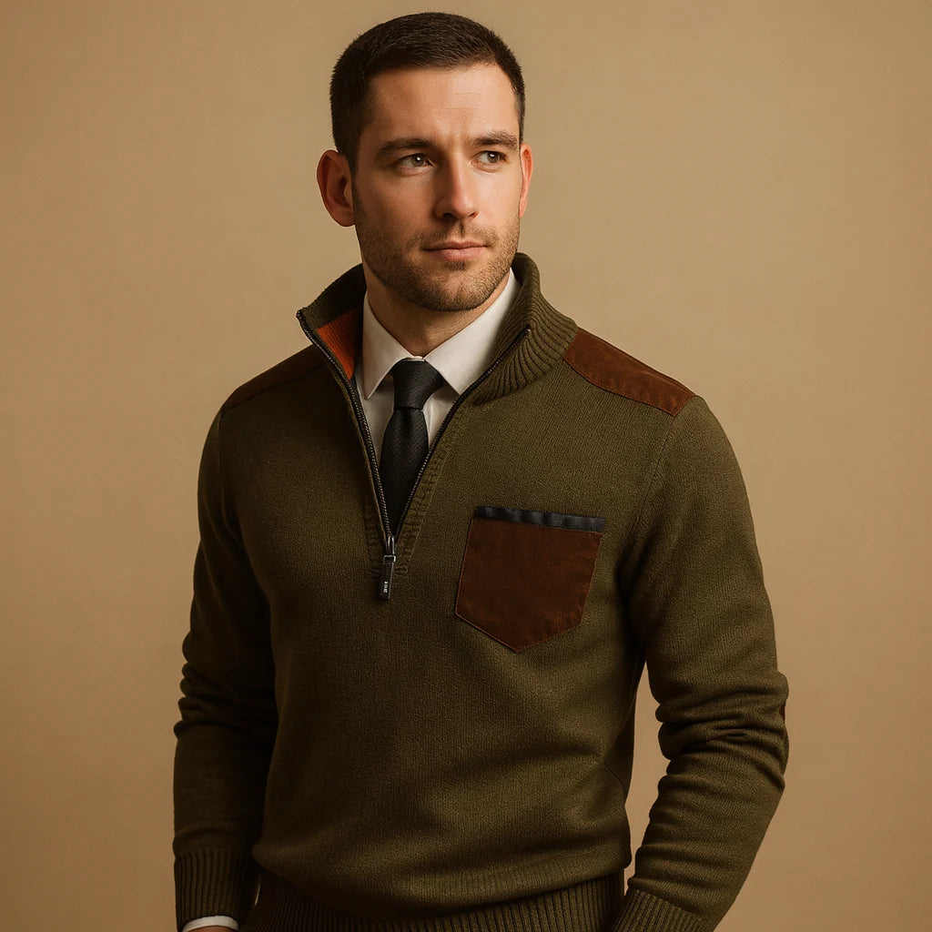 Men's Pullover Sweater with Collar and Chest Pocket