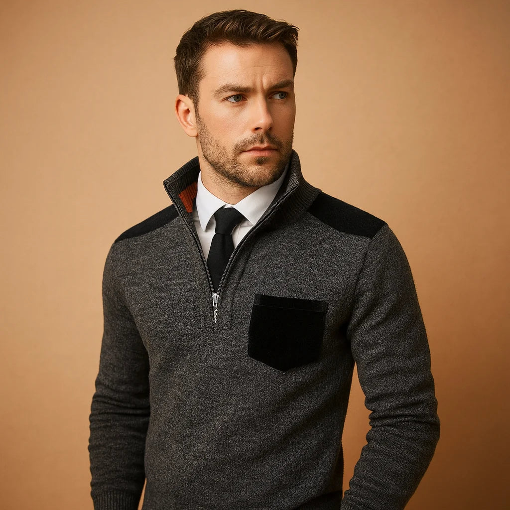 Men's Pullover Sweater with Collar and Chest Pocket