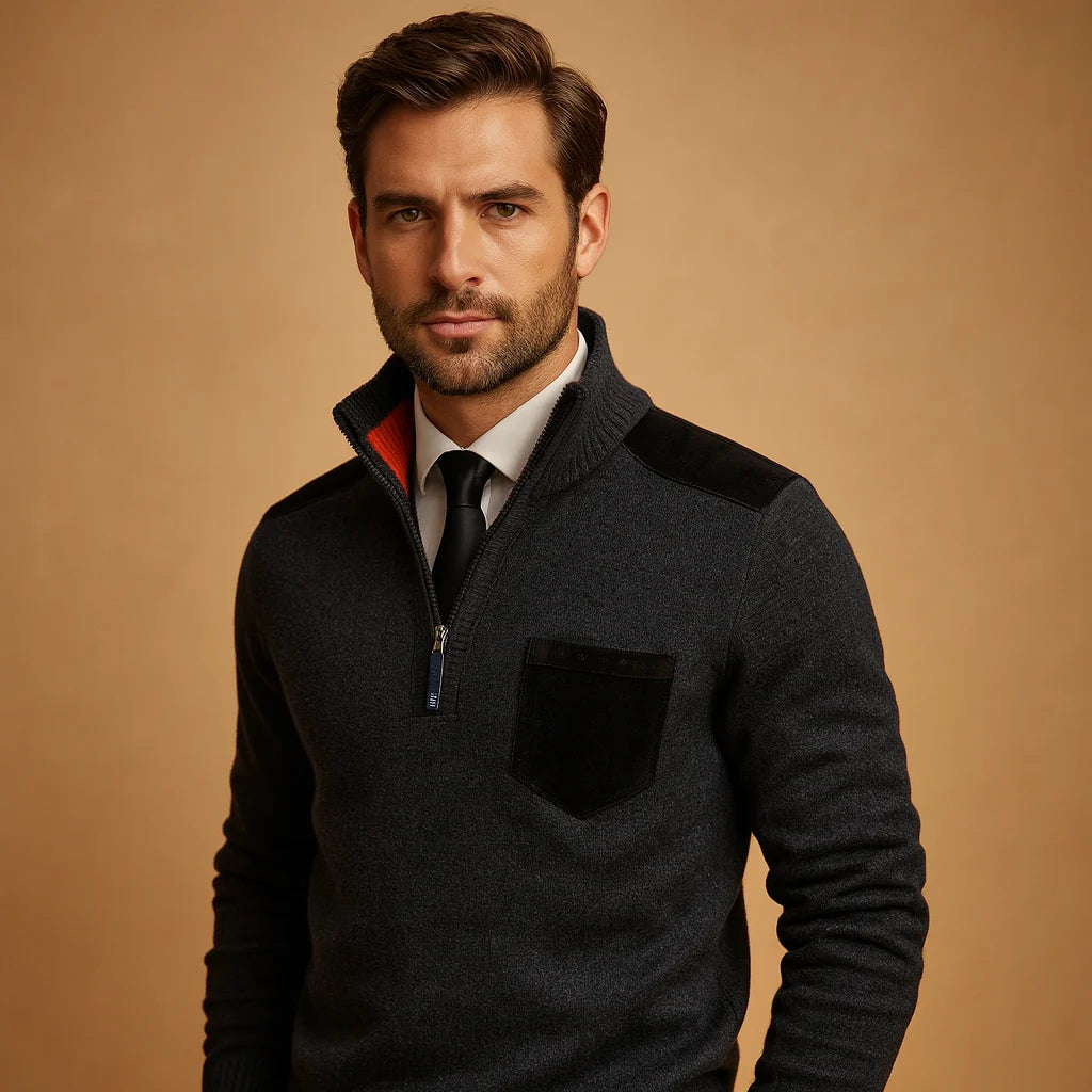 Men's Pullover Sweater with Collar and Chest Pocket