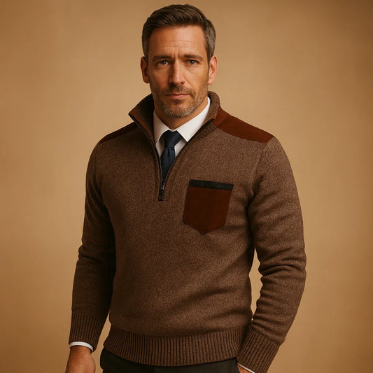 Men's Pullover Sweater with Collar and Chest Pocket