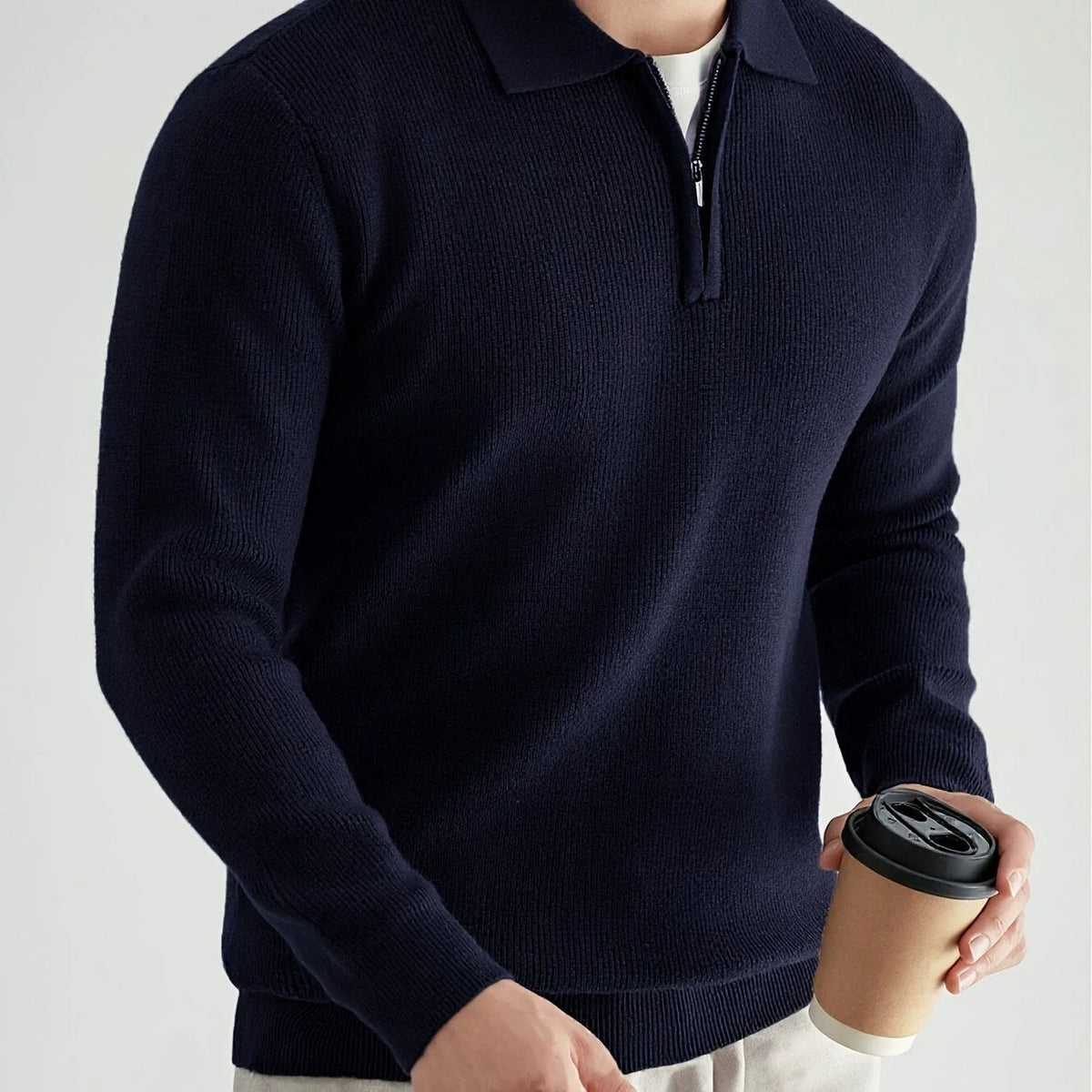 Men's Quarter Zip Polo Sweater with Soft Knit Texture