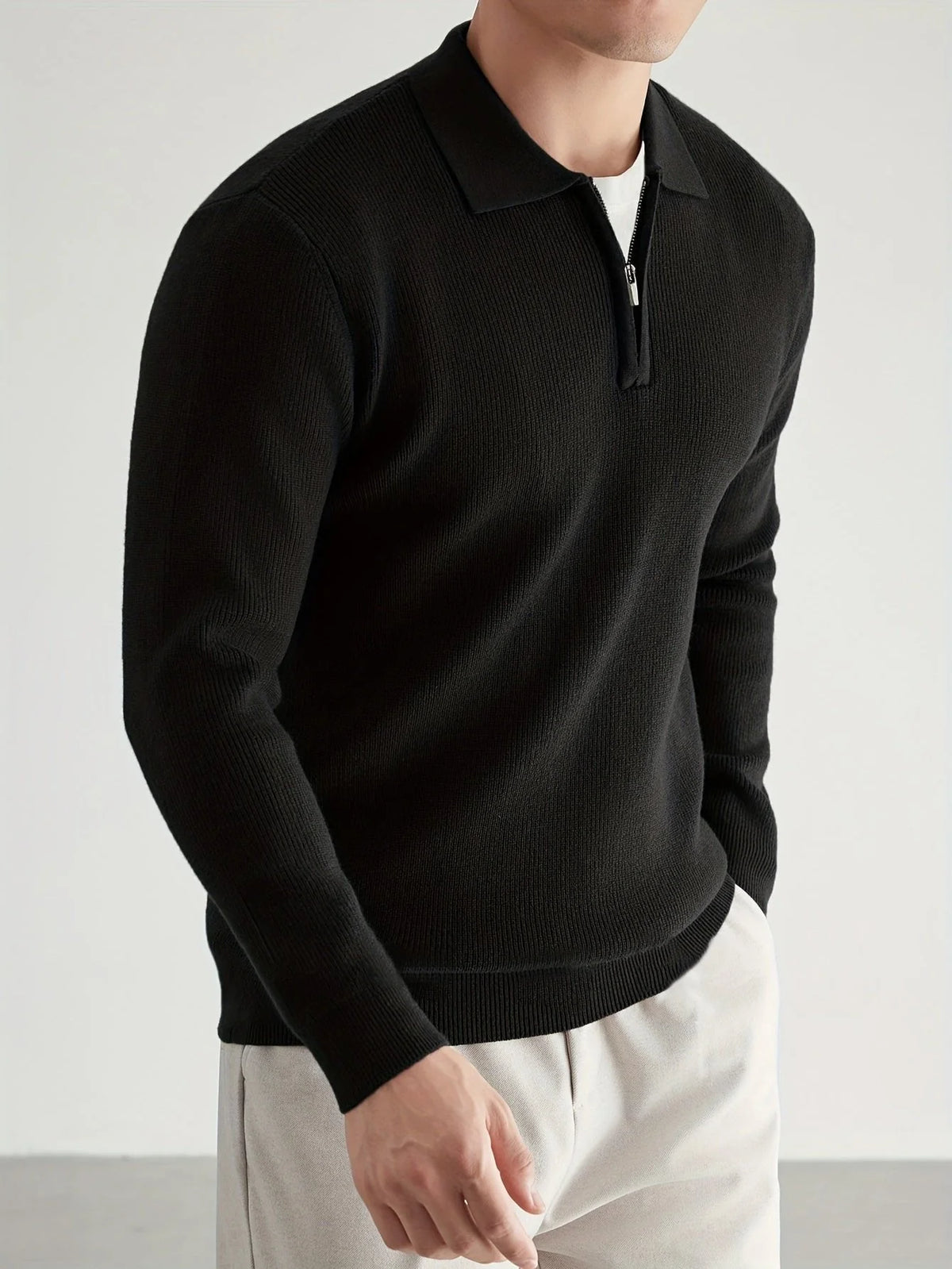 Men's Quarter Zip Polo Sweater with Soft Knit Texture