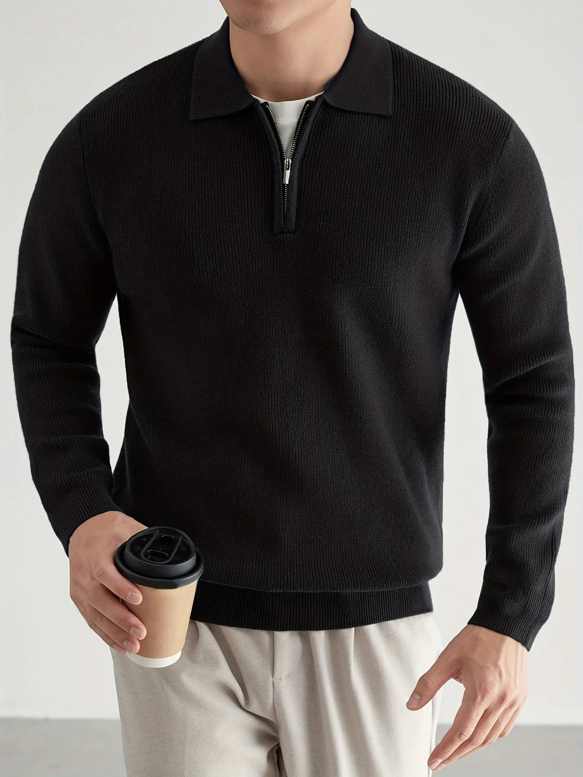 Men's Quarter Zip Polo Sweater with Soft Knit Texture