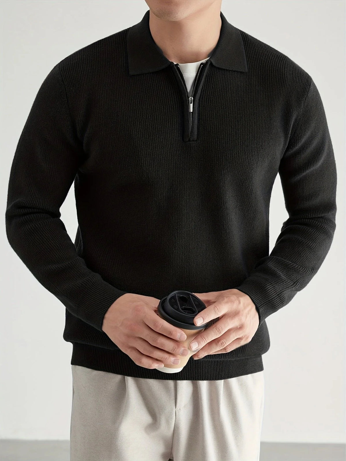 Men's Quarter Zip Polo Sweater with Soft Knit Texture