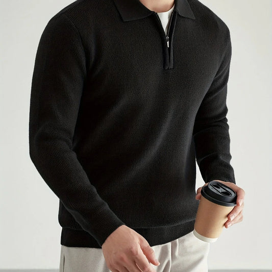 Men's Quarter Zip Polo Sweater with Soft Knit Texture