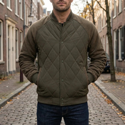 Men's Quilted Bomber Jacket with Snap Button Closure