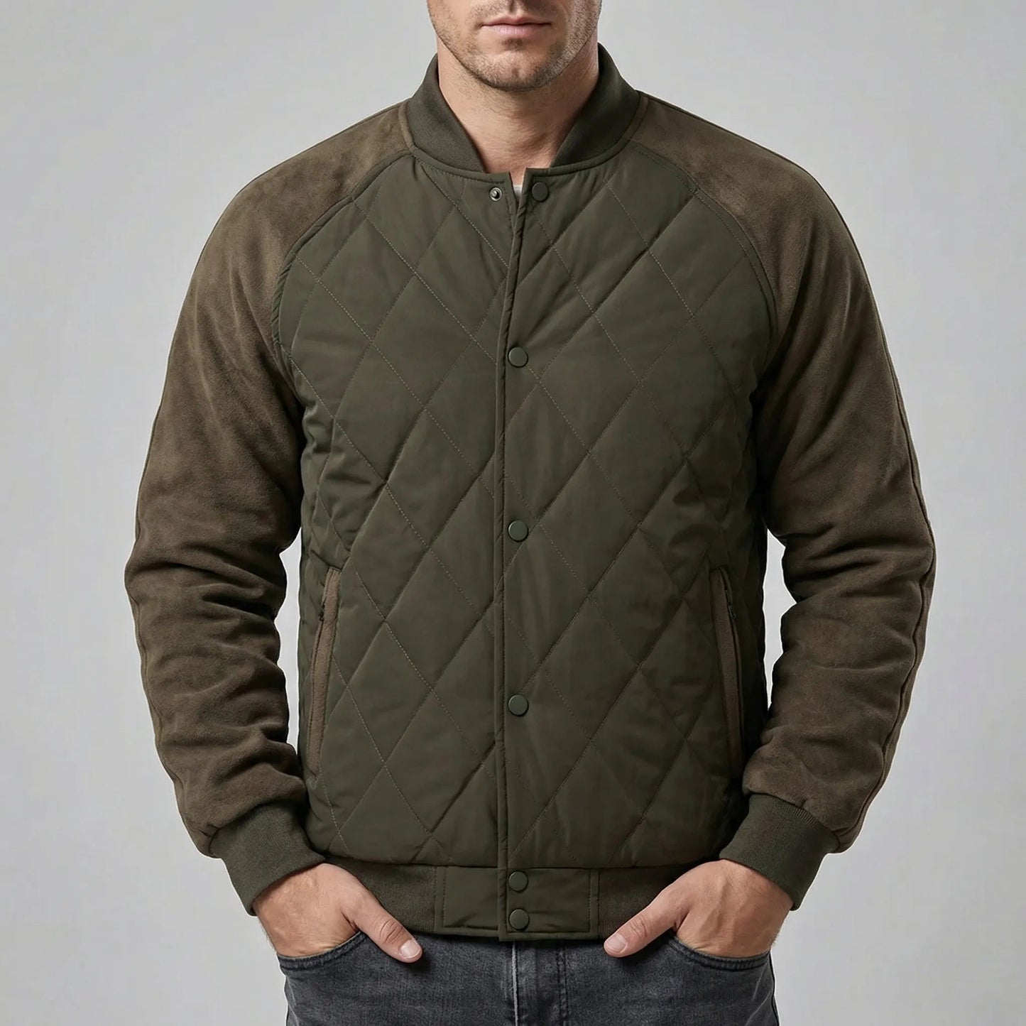 Men's Quilted Bomber Jacket with Snap Button Closure