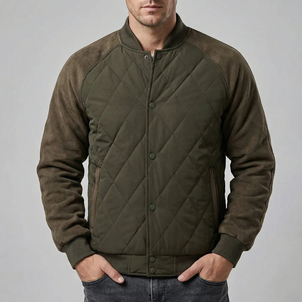 Men's Quilted Bomber Jacket with Snap Button Closure