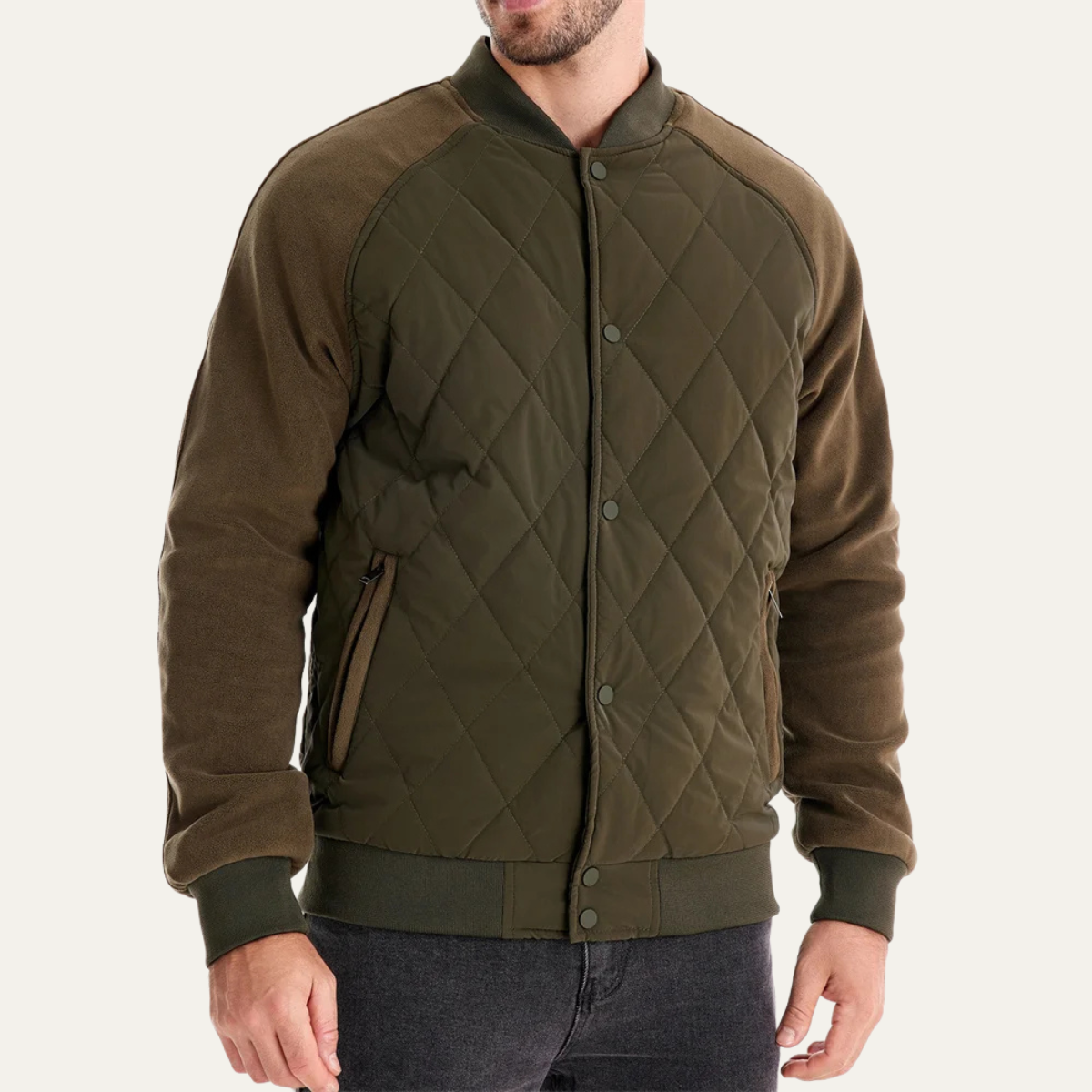 Men's Quilted Bomber Jacket with Snap Button Closure