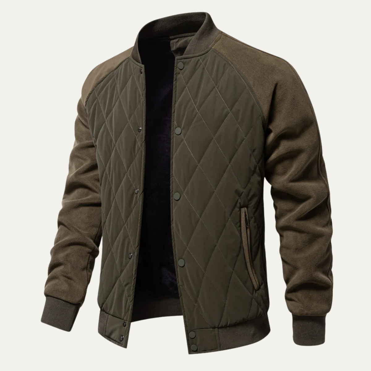 Men's Quilted Bomber Jacket with Snap Button Closure