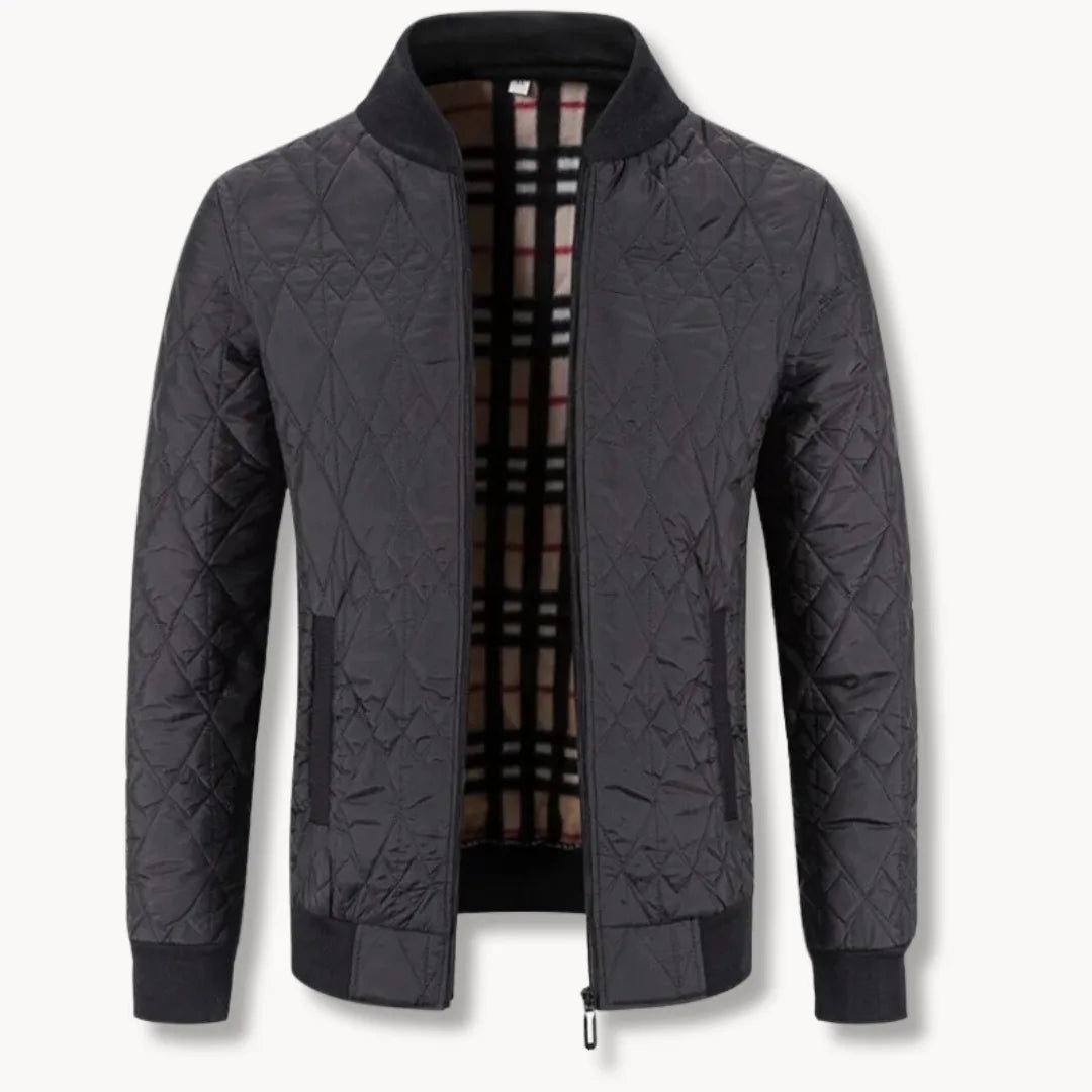 Men's Quilted Jacket with Zipper and Round Neck