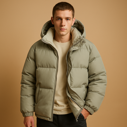 Men's Quilted Puffer Jacket with Hood for Winter