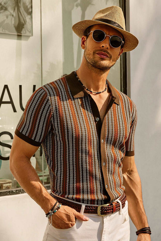 Men's Retro Striped Button-Down Polo Shirt