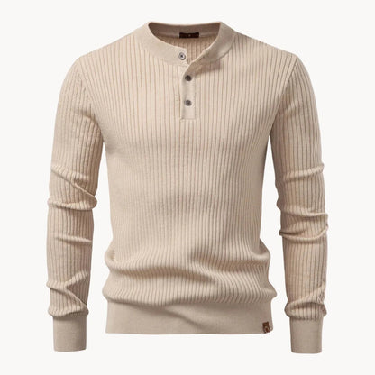 Men's Rib-Knit Sweater with Round Neck and Button Closure