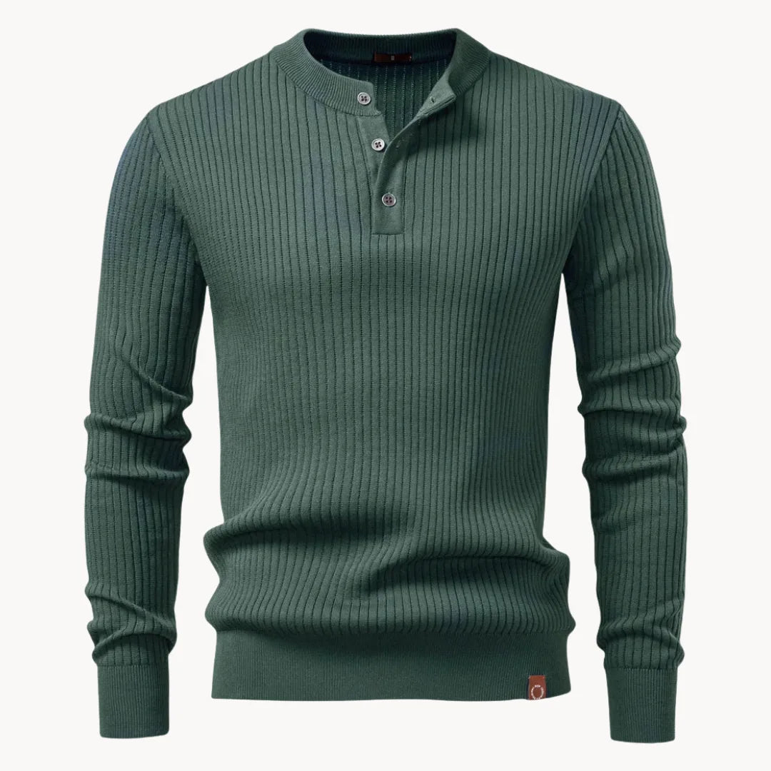 Men's Rib-Knit Sweater with Round Neck and Button Closure