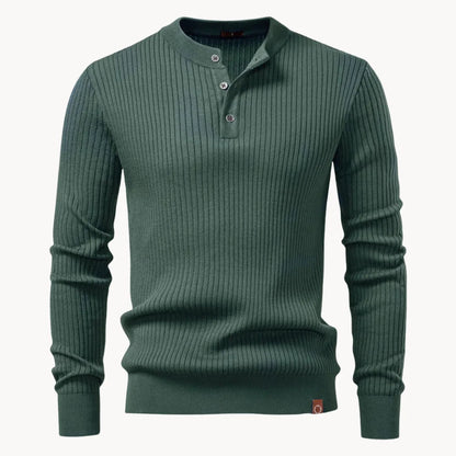Men's Rib-Knit Sweater with Round Neck and Button Closure