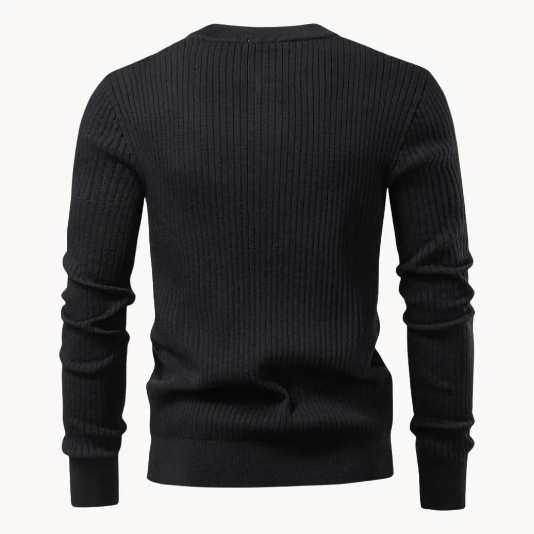 Men's Rib-Knit Sweater with Round Neck and Button Closure