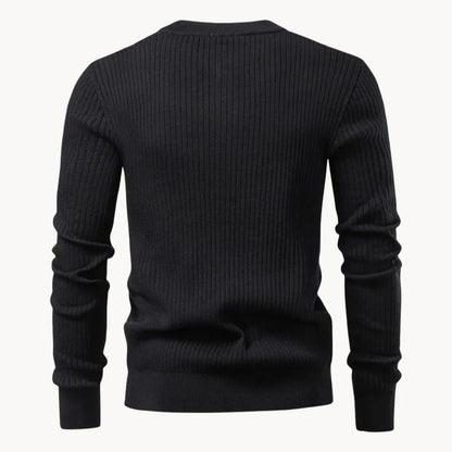 Men's Rib-Knit Sweater with Round Neck and Button Closure