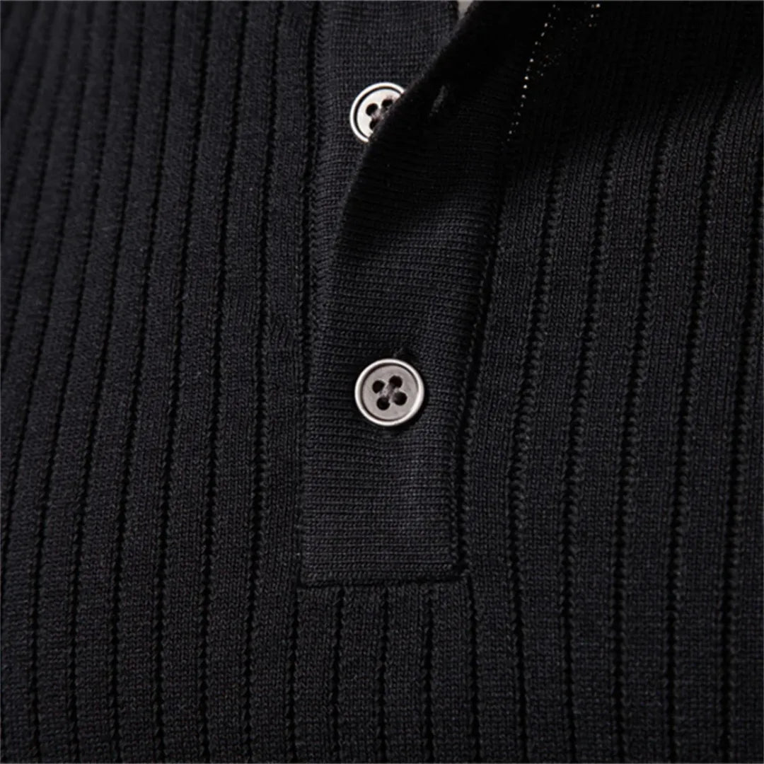 Men's Rib-Knit Sweater with Round Neck and Button Closure