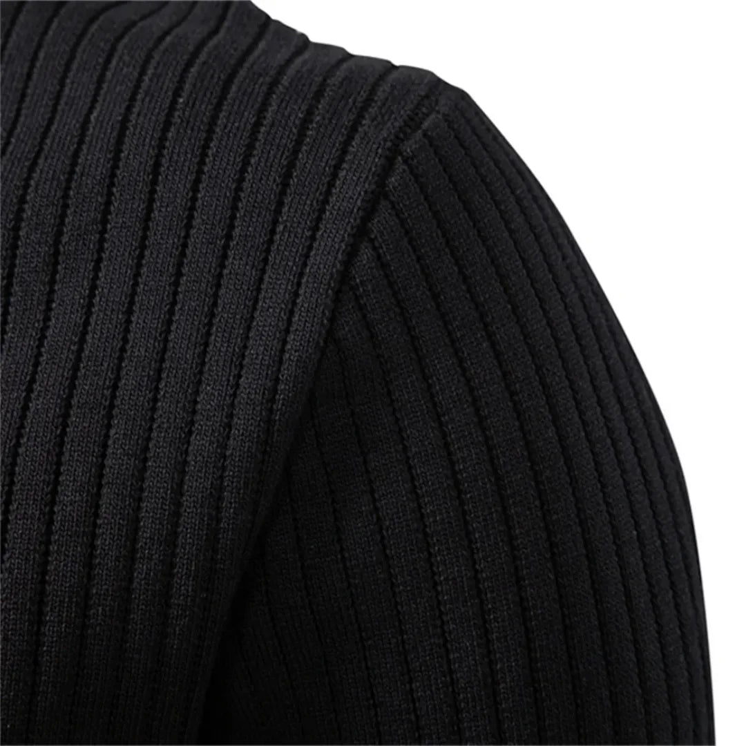 Men's Rib-Knit Sweater with Round Neck and Button Closure