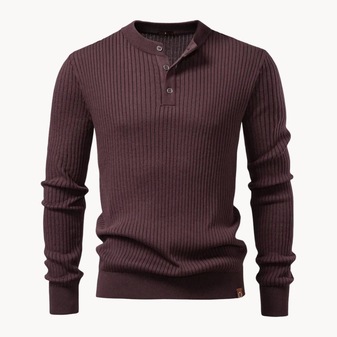 Men's Rib-Knit Sweater with Round Neck and Button Closure