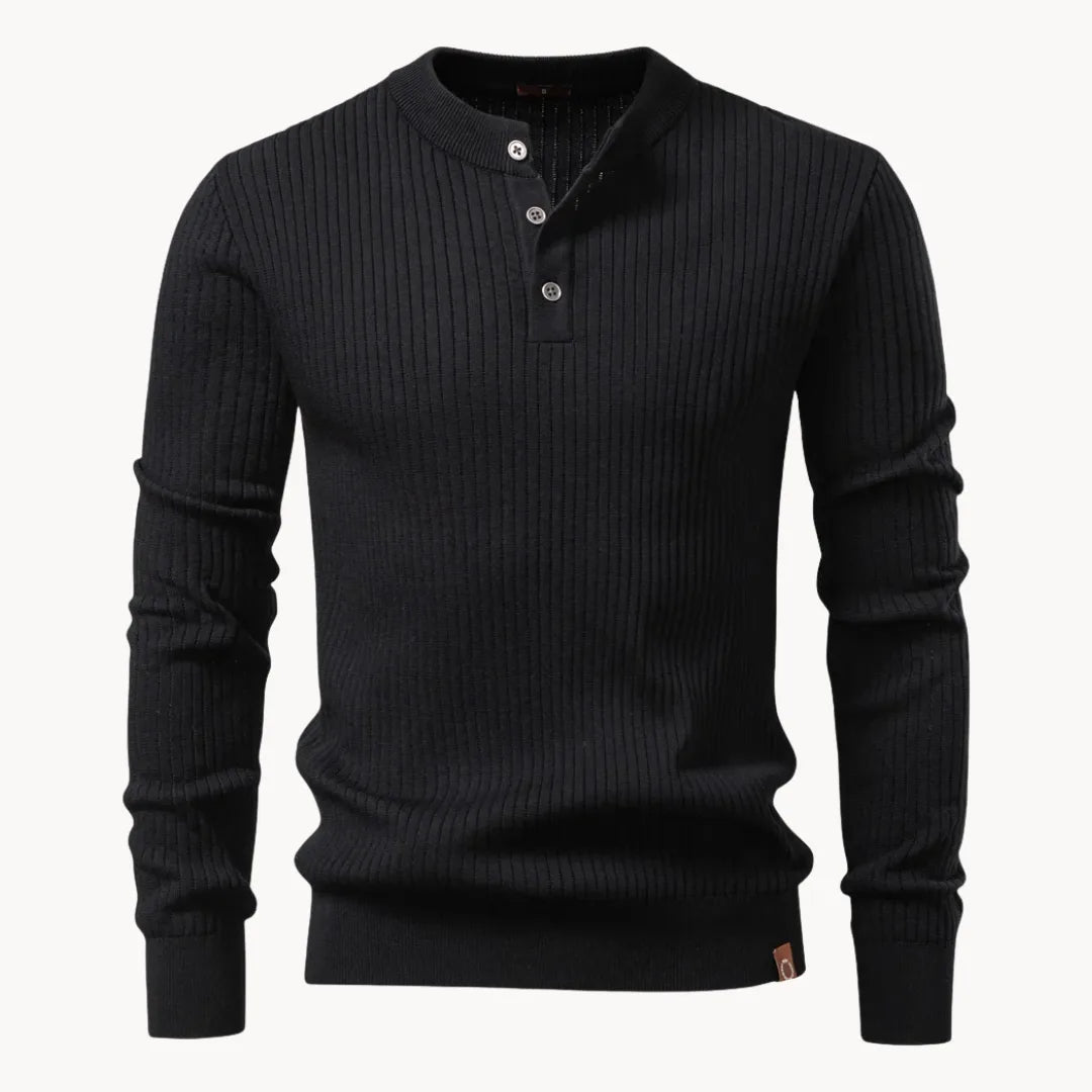 Men's Rib-Knit Sweater with Round Neck and Button Closure