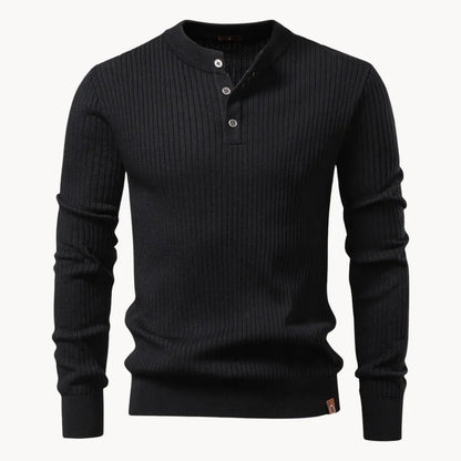Men's Rib-Knit Sweater with Round Neck and Button Closure
