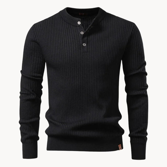 Men's Rib-Knit Sweater with Round Neck and Button Closure
