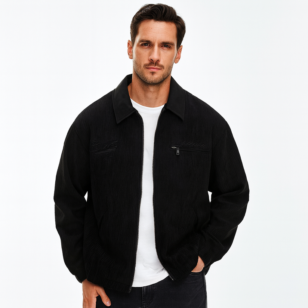 Men's Ribbed Zipper Jacket with Stand-Up Collar
