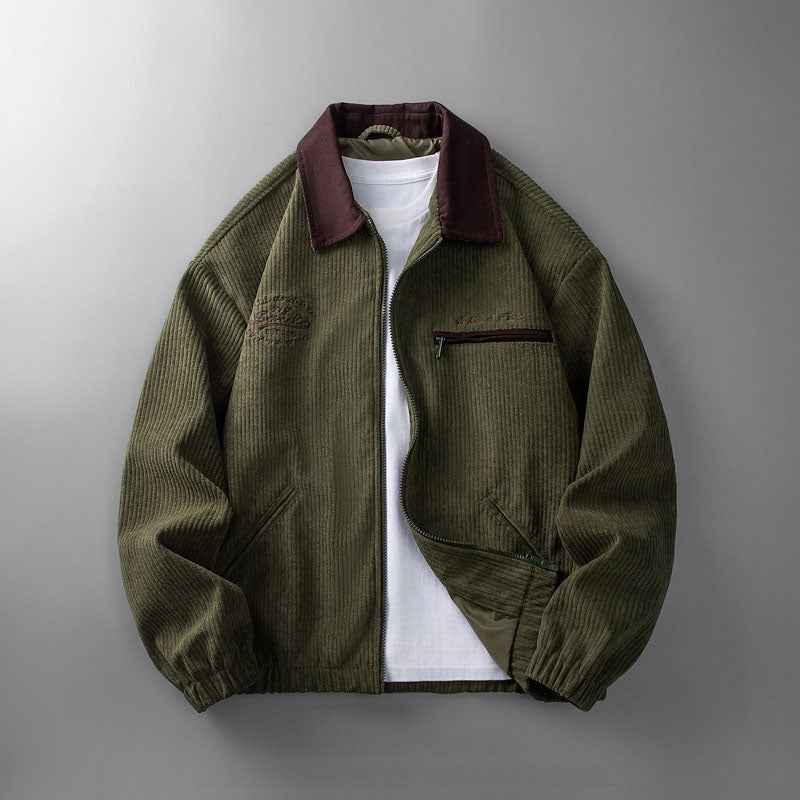 Men's Ribbed Zipper Jacket with Stand-Up Collar