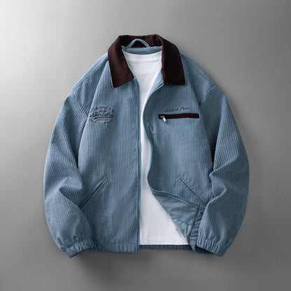 Men's Ribbed Zipper Jacket with Stand-Up Collar
