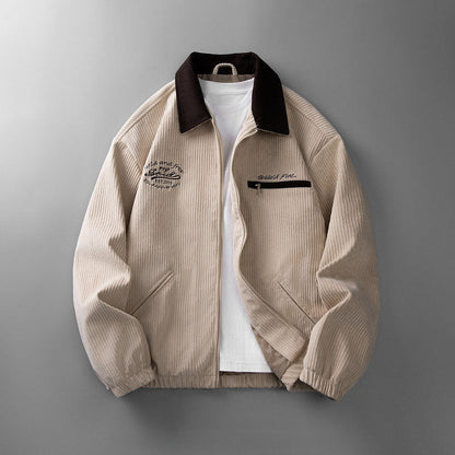 Men's Ribbed Zipper Jacket with Stand-Up Collar