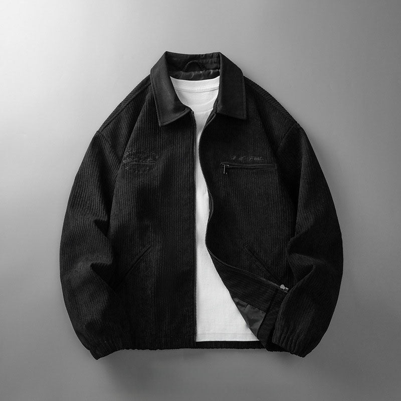 Men's Ribbed Zipper Jacket with Stand-Up Collar