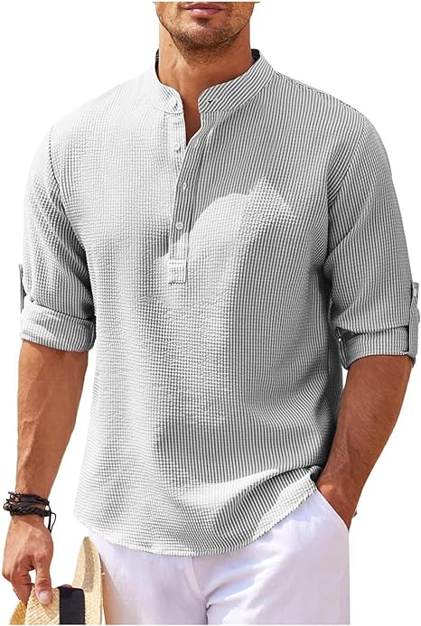 Men's Rolled Sleeve Stand-Up Collar Shirt in Fine Check Pattern