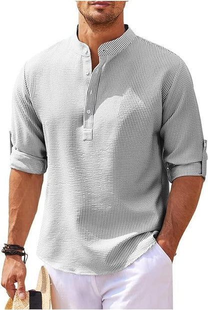 Men's Rolled Sleeve Stand-Up Collar Shirt in Fine Check Pattern