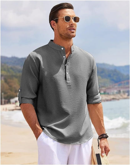 Men's Rolled Sleeve Stand-Up Collar Shirt in Fine Check Pattern