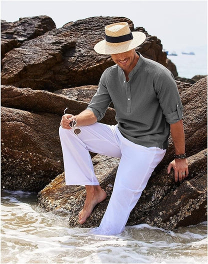 Men's Rolled Sleeve Stand-Up Collar Shirt in Fine Check Pattern