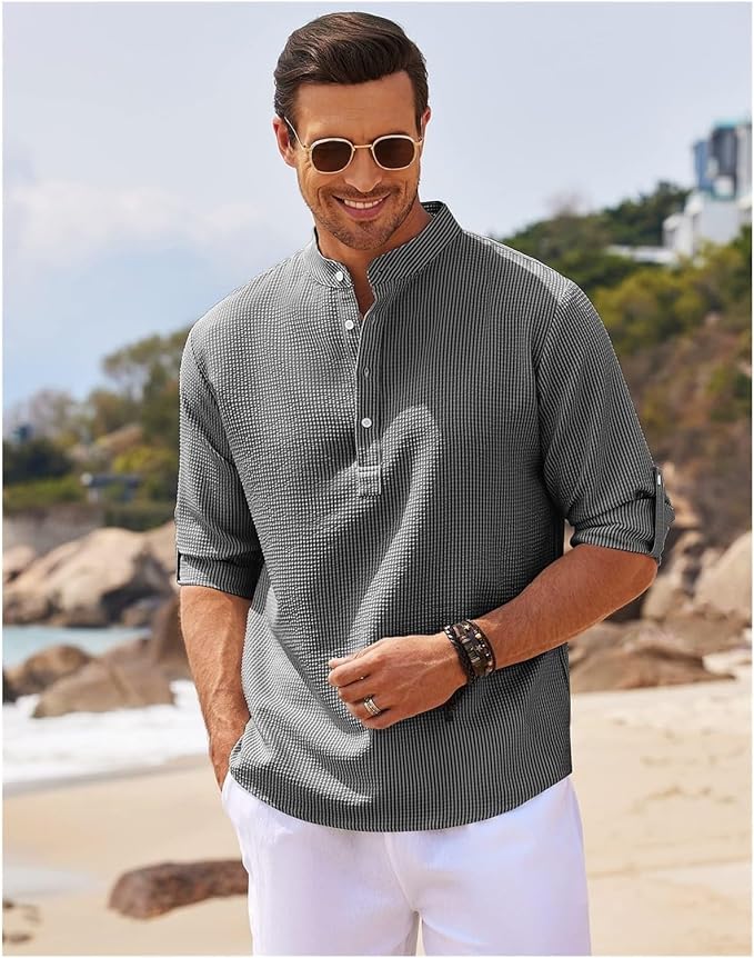 Men's Rolled Sleeve Stand-Up Collar Shirt in Fine Check Pattern