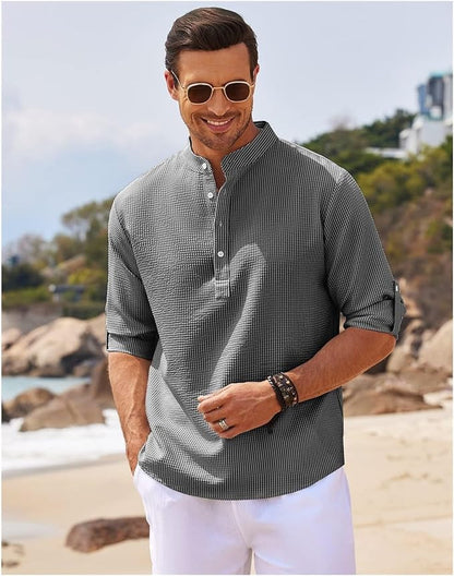 Men's Rolled Sleeve Stand-Up Collar Shirt in Fine Check Pattern