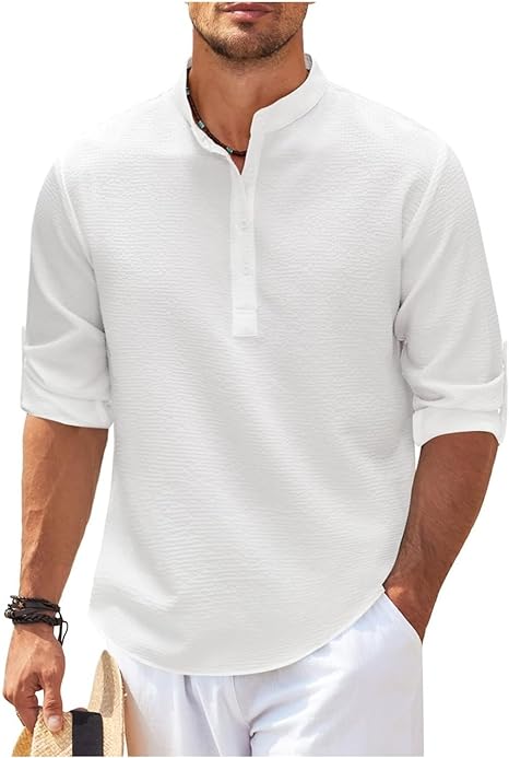 Men's Rolled Sleeve Stand-Up Collar Shirt in Fine Check Pattern