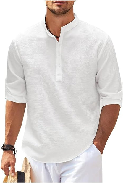 Men's Rolled Sleeve Stand-Up Collar Shirt in Fine Check Pattern