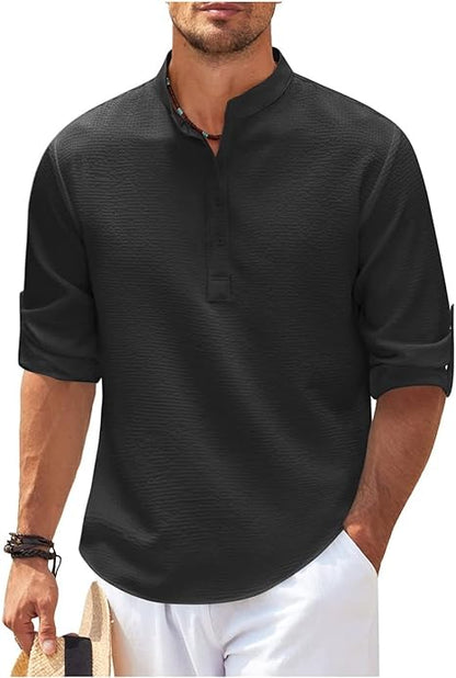 Men's Rolled Sleeve Stand-Up Collar Shirt in Fine Check Pattern